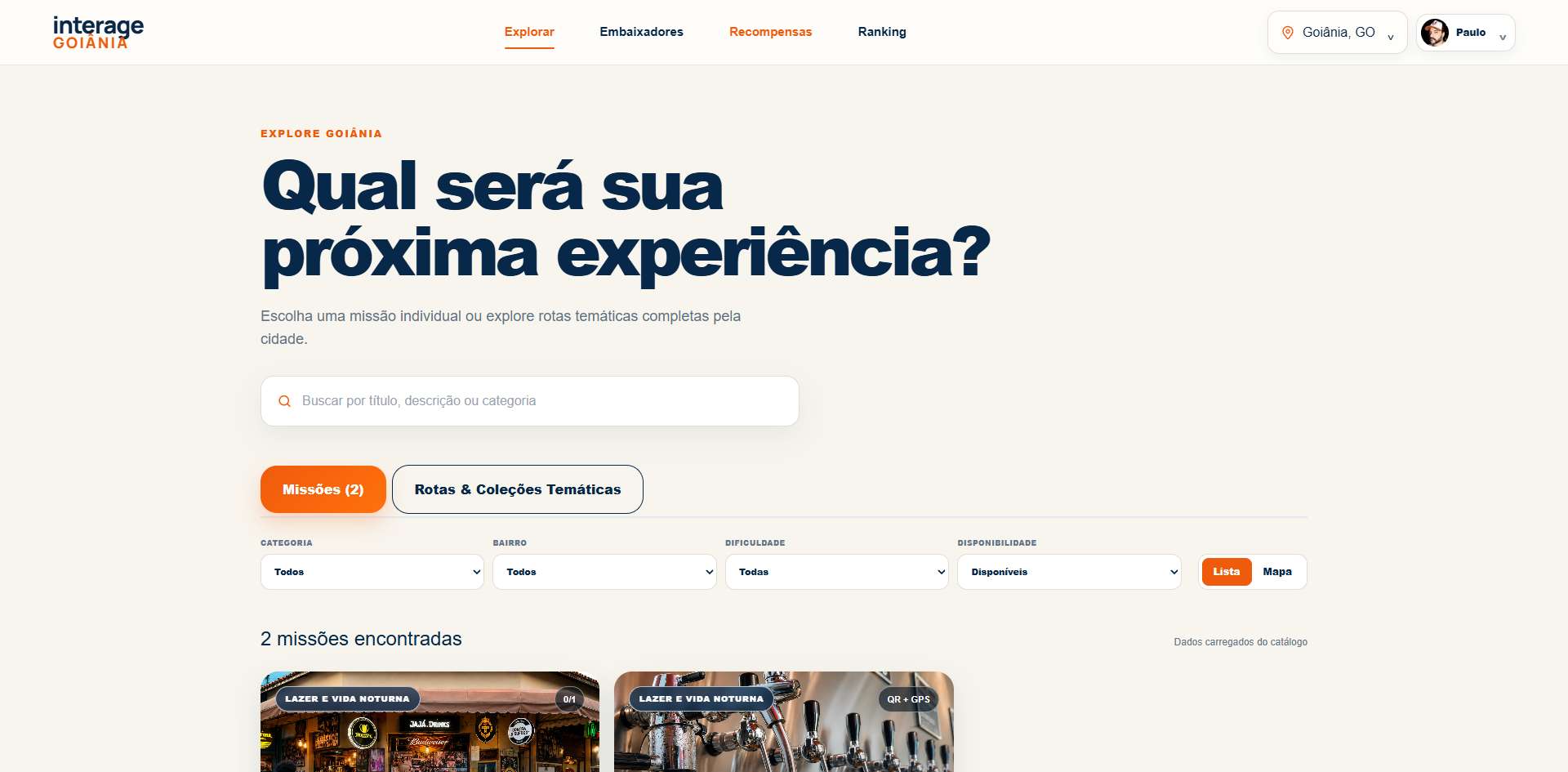 Tela de exploração de missões do Interage Goiânia