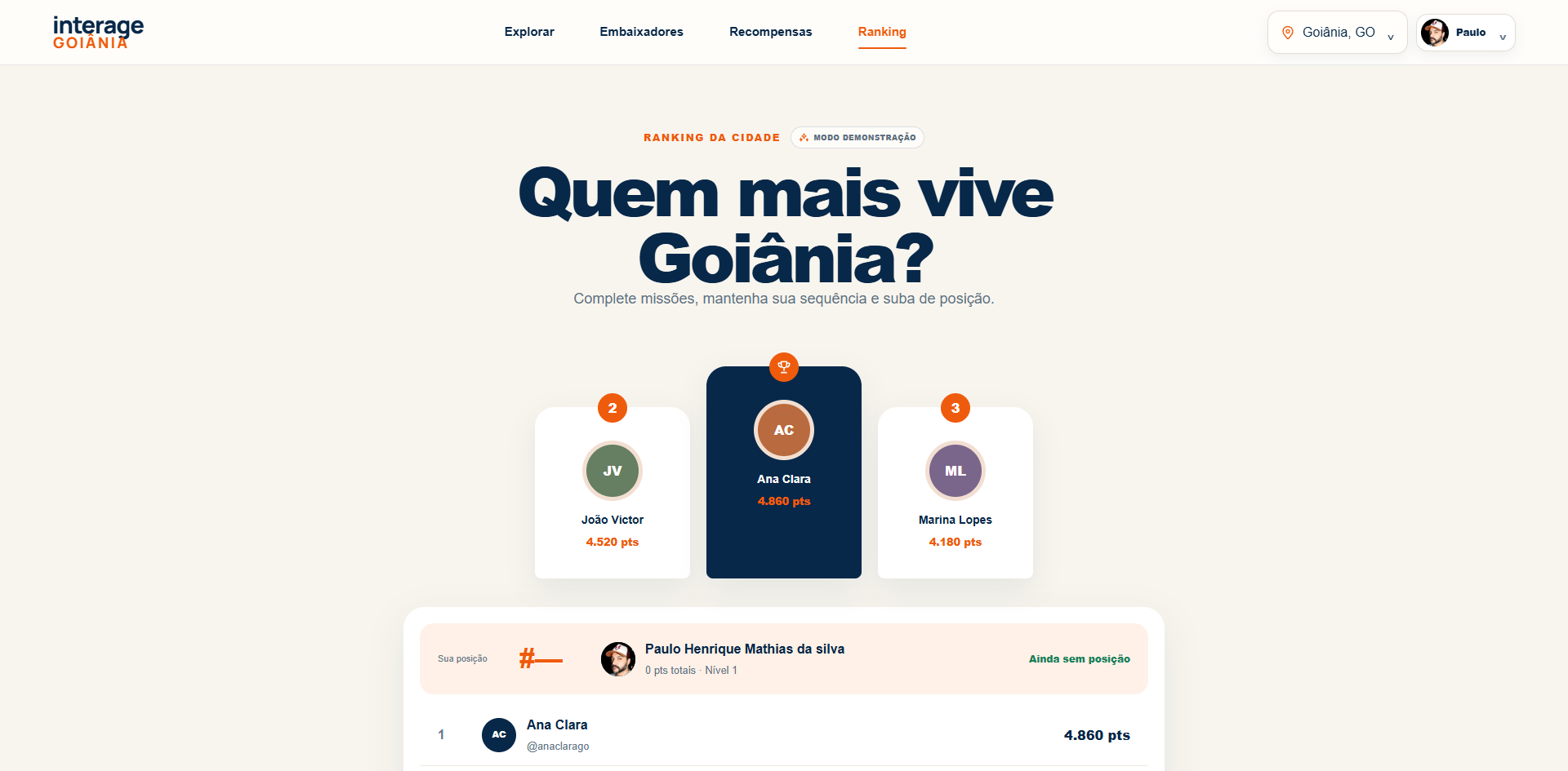 Tela de ranking do Interage Goiânia