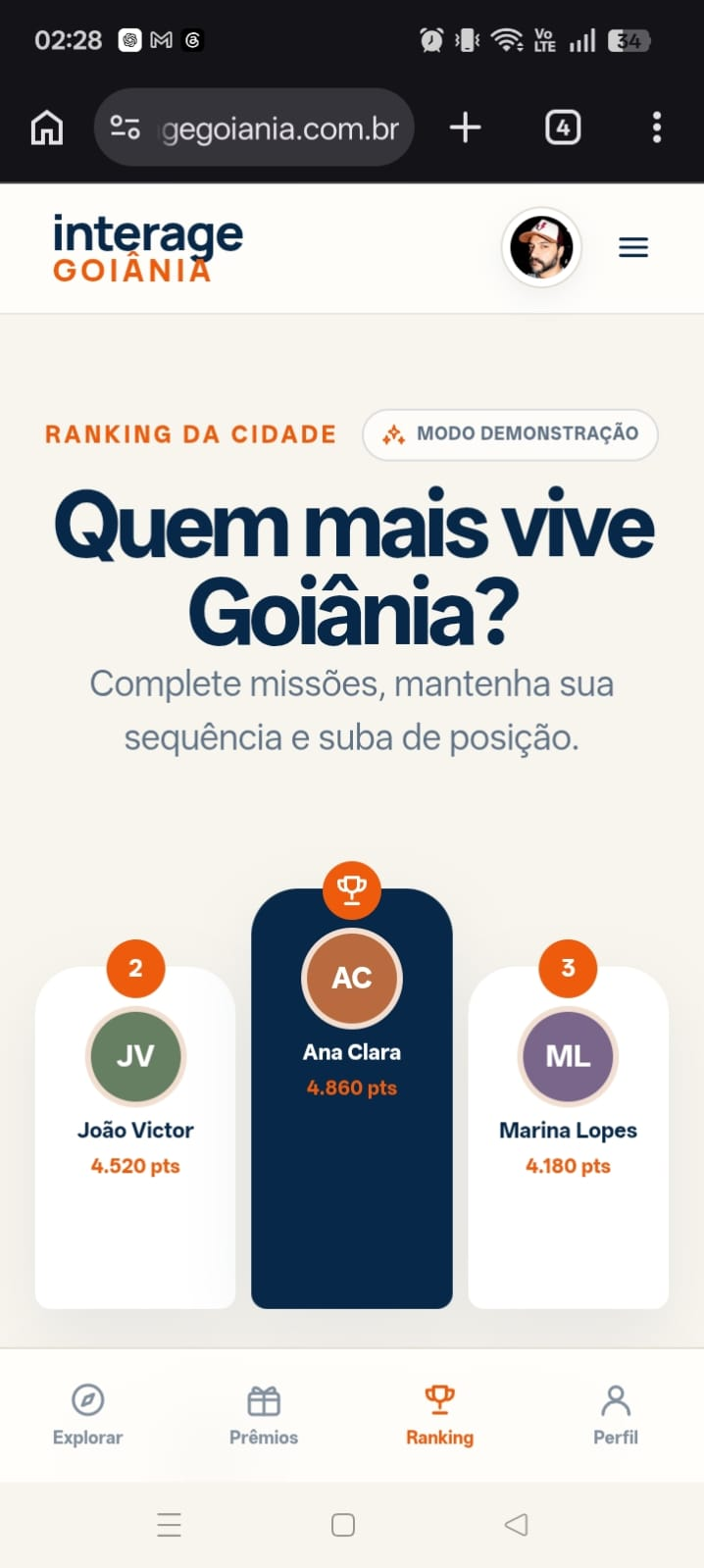 Ranking do Interage Goiânia no celular