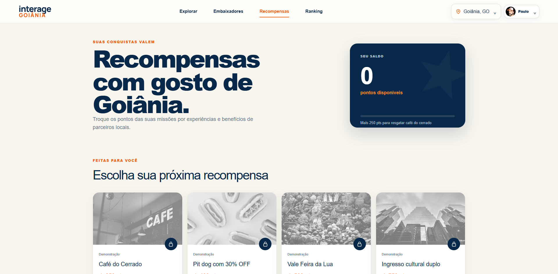 Tela de recompensas do Interage Goiânia